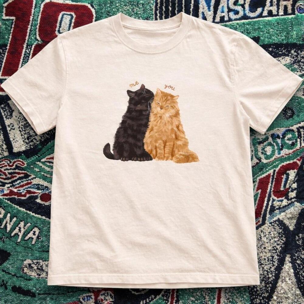 Cute Me & You Cats Graphic Tee Cream Unisex T-Shirt - Picture 1 of 4
